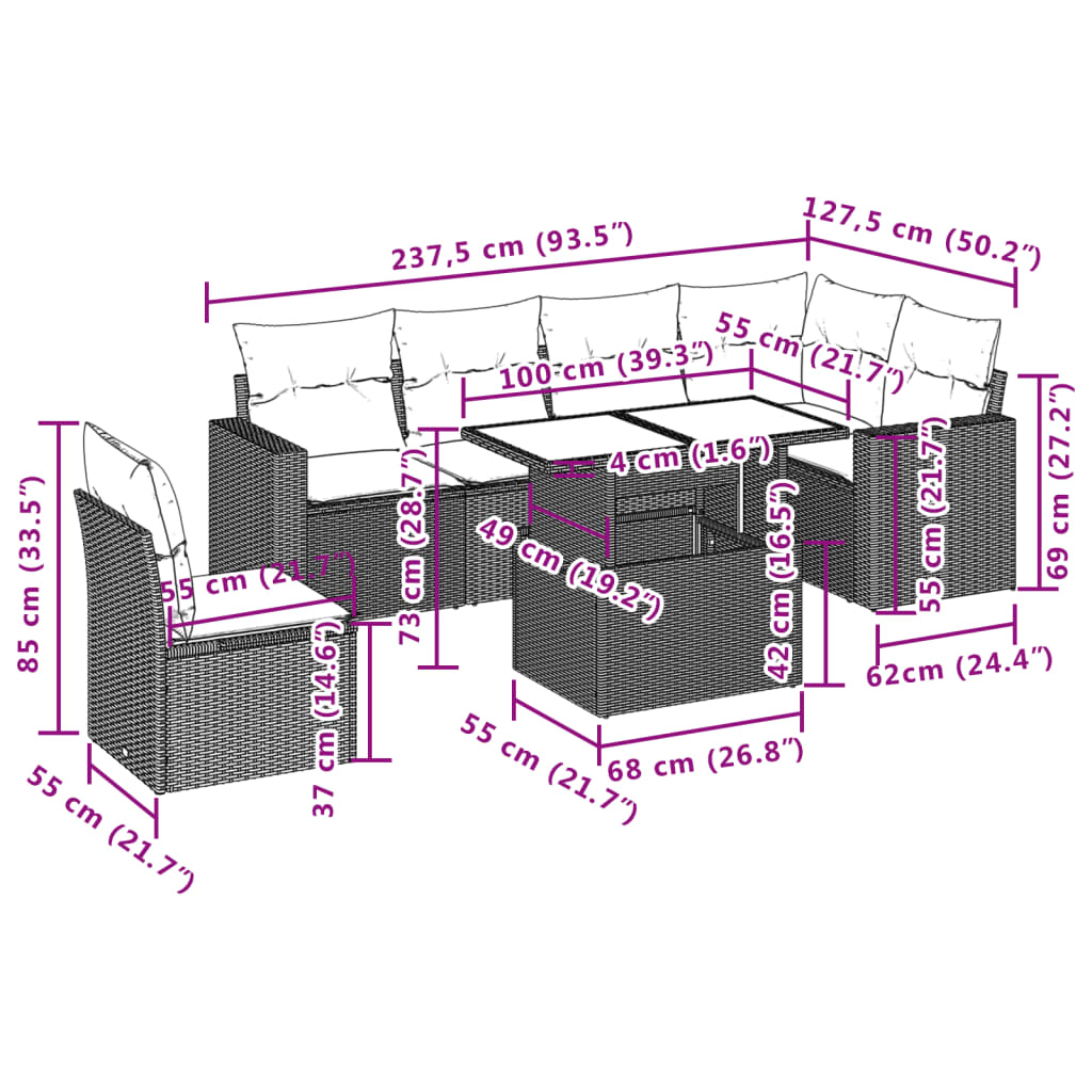 7 pcs conjunto de sofás p/ jardim c/ almofadões vime PE preto