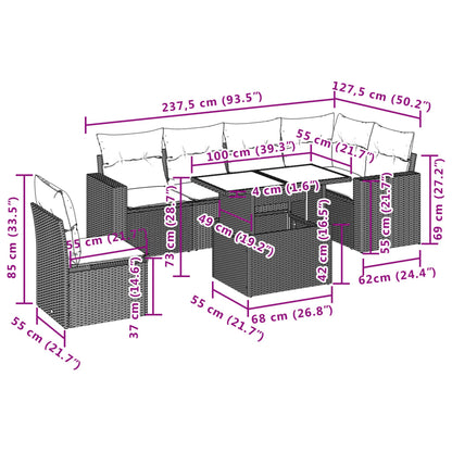 7 pcs conjunto de sofás p/ jardim c/ almofadões vime PE preto