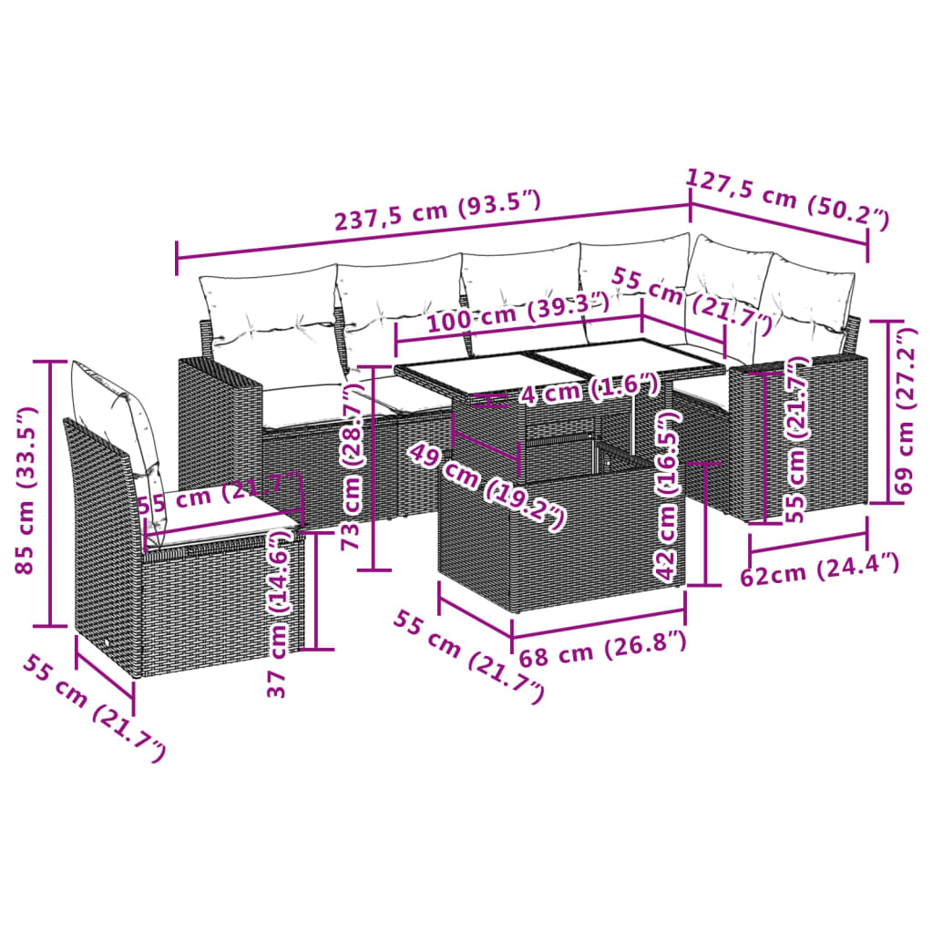 7 pcs conjunto de sofás p/ jardim com almofadões vime PE bege