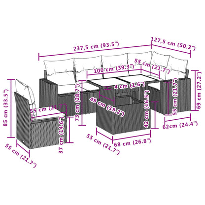 7 pcs conjunto de sofás p/ jardim com almofadões vime PE bege