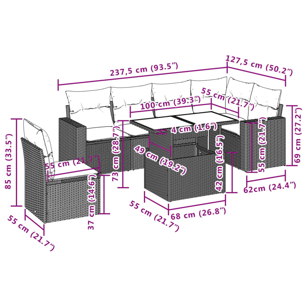 7 pcs conjunto de sofás jardim c/ almofadões vime PE castanho