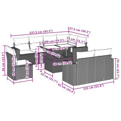 9 pcs conjunto de sofás p/ jardim com almofadões vime PE bege