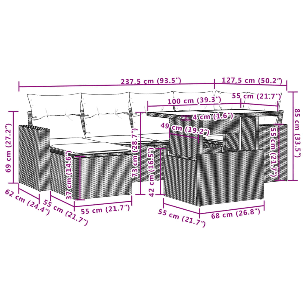 7 pcs conjunto de sofás p/ jardim com almofadões vime PE bege