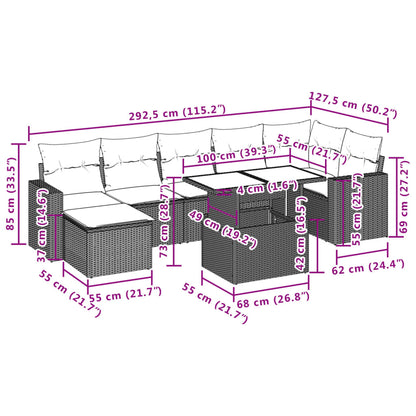 8 pcs conjunto sofás de jardim com almofadões vime PE preto