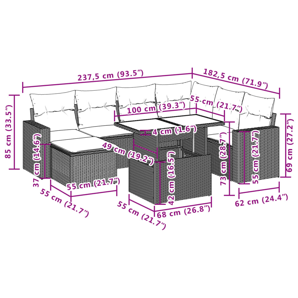 8 pcs conjunto de sofás p/ jardim com almofadões vime PE bege