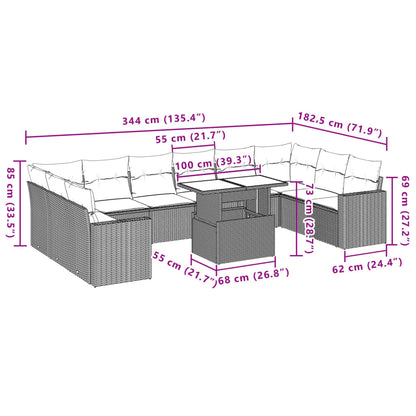 11 pcs conjunto sofás de jardim c/ almofadões vime PE preto