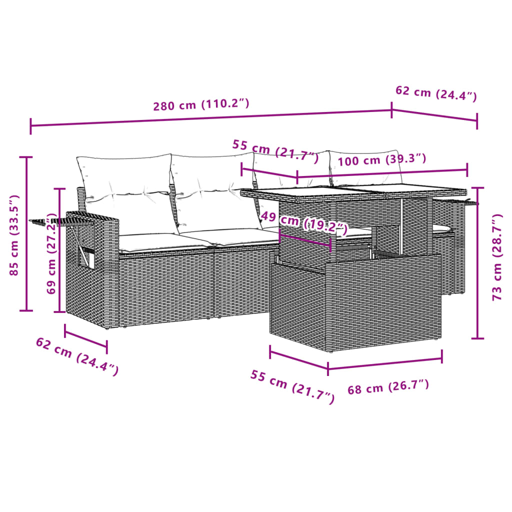 5 pcs conjunto sofás de jardim com almofadões vime PE preto