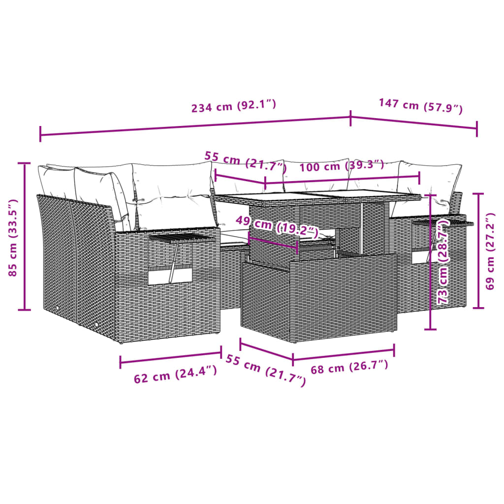 7 pcs conjunto de sofás p/ jardim c/ almofadões vime PE preto