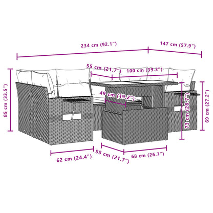 7 pcs conjunto de sofás p/ jardim c/ almofadões vime PE preto