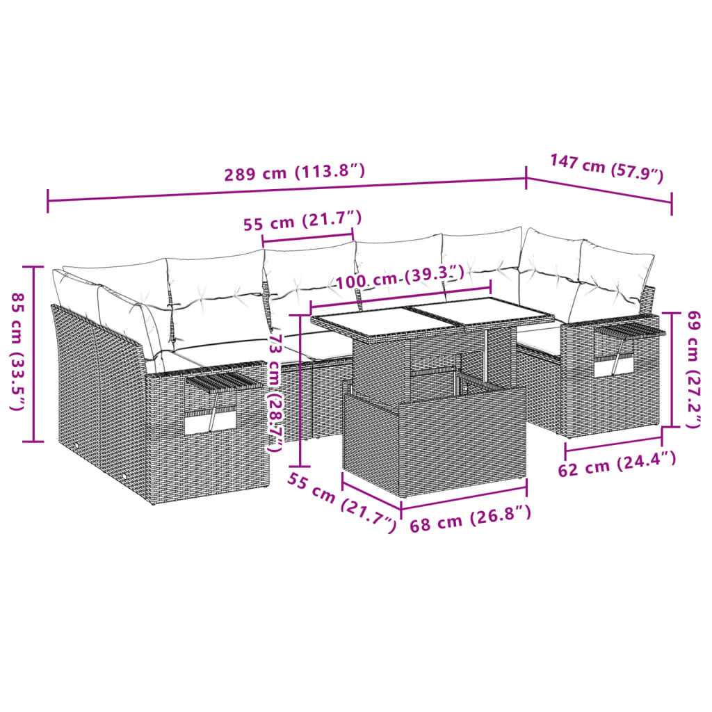 8 pcs conjunto sofás de jardim com almofadões vime PE preto