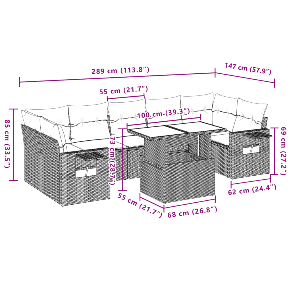 8 pcs conjunto de sofás p/ jardim com almofadões vime PE bege