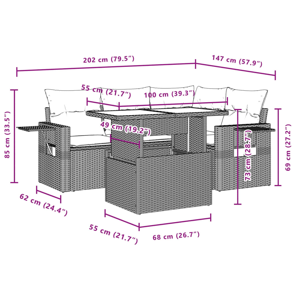 5 pcs conjunto sofás de jardim c/ almofadões vime PE cinzento