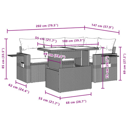 5 pcs conjunto sofás de jardim c/ almofadões vime PE cinzento