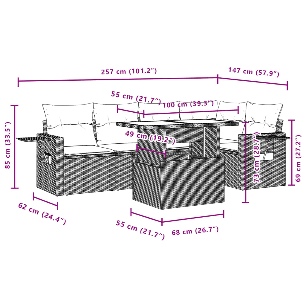 6 pcs conjunto sofás de jardim c/ almofadões vime PE preto