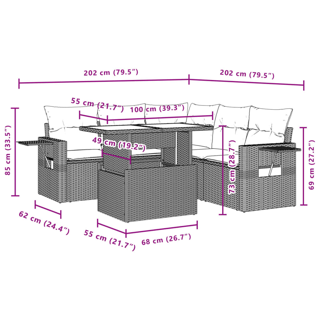 6 pcs conjunto de sofás p/ jardim com almofadões vime PE bege