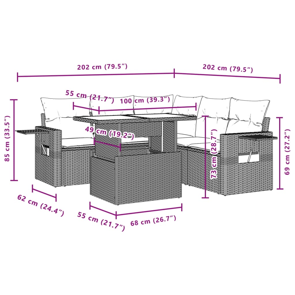 6 pcs conj. sofás jardim com almofadões vime PE cinzento-claro