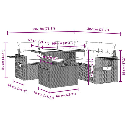 6 pcs conj. sofás jardim com almofadões vime PE cinzento-claro