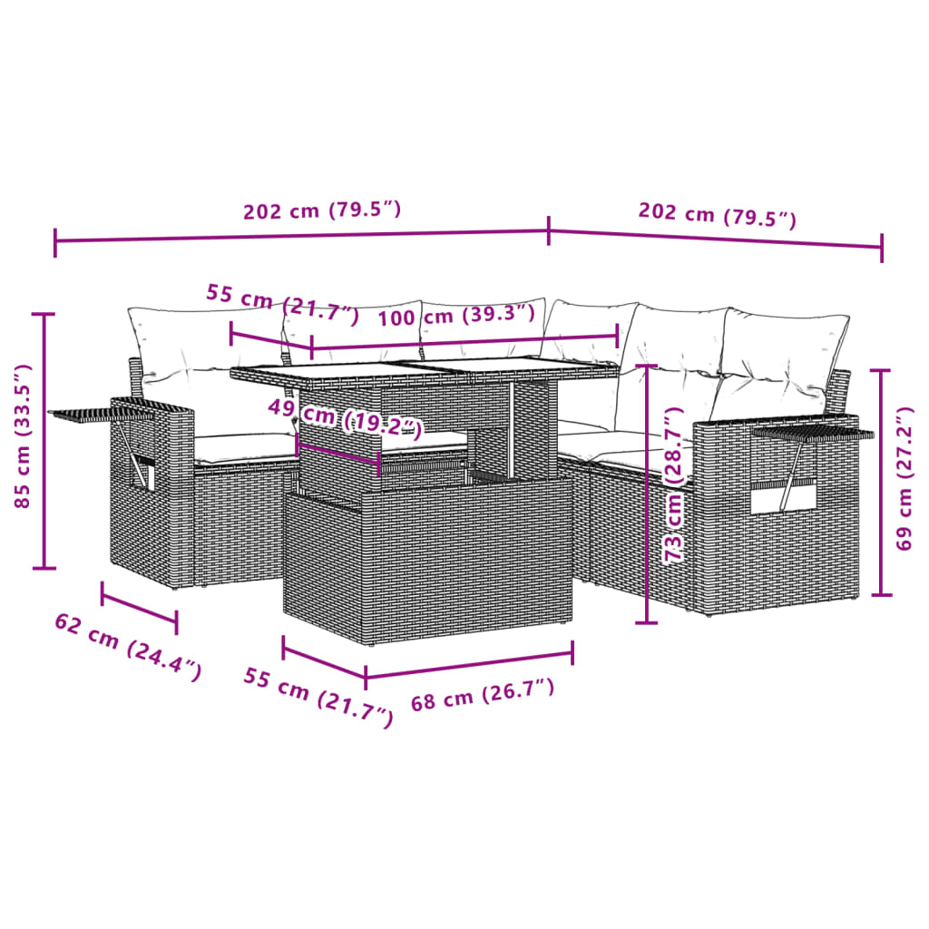 6 pcs conjunto de sofás jardim c/ almofadões vime PE castanho