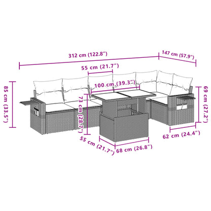 7 pcs conjunto de sofás p/ jardim com almofadões vime PE bege