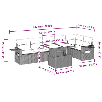 7 pcs conj. sofás jardim com almofadões vime PE cinzento-claro