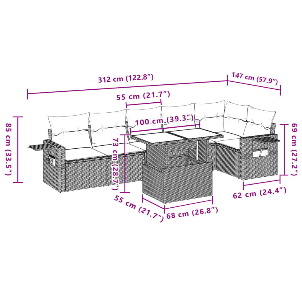 7 pcs conjunto de sofás jardim c/ almofadões vime PE castanho