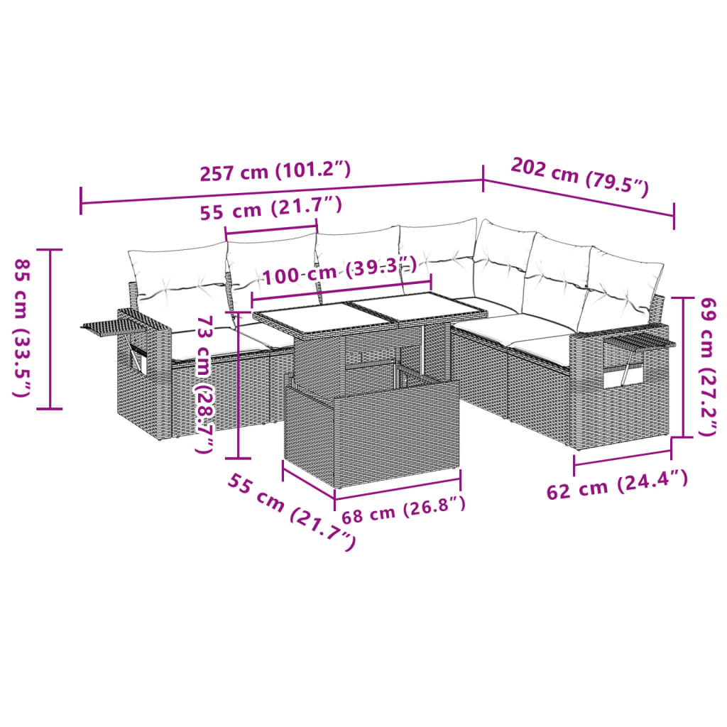 7 pcs conjunto sofás p/ jardim c/ almofadões vime PE cinzento