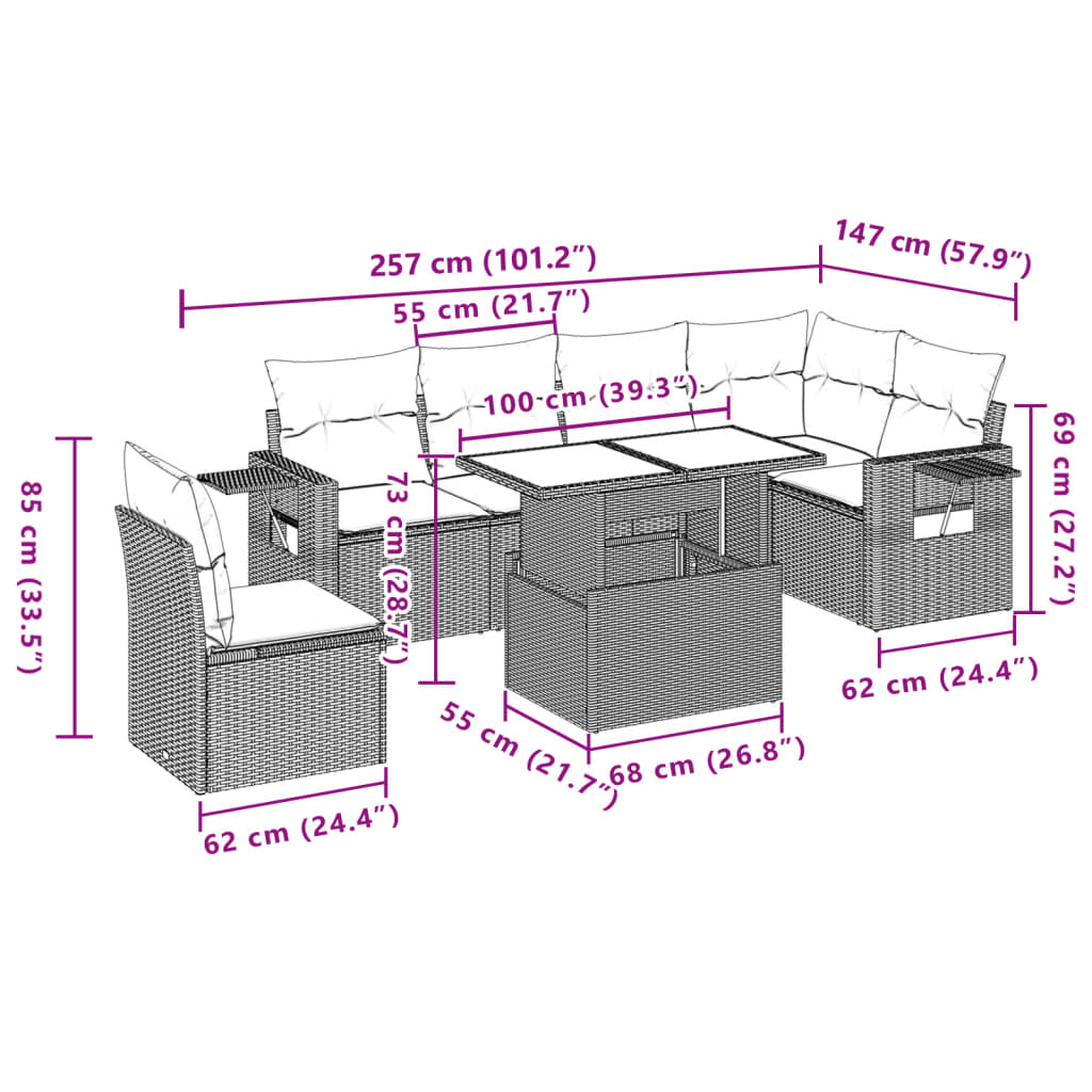 7 pcs conjunto de sofás p/ jardim com almofadões vime PE bege