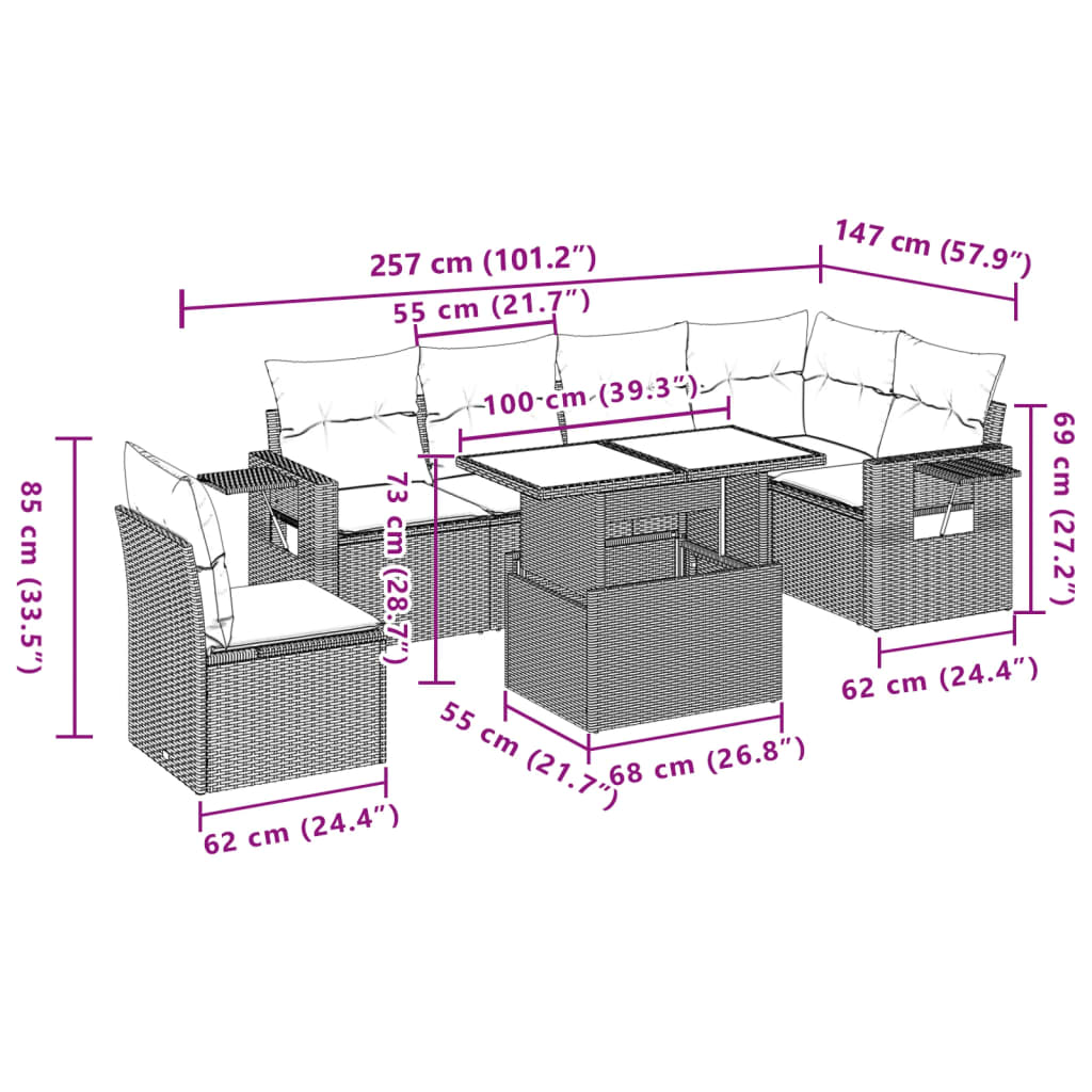 7 pcs conjunto sofás p/ jardim c/ almofadões vime PE cinzento