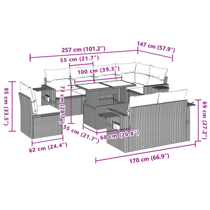 9 pcs conjunto de sofás p/ jardim c/ almofadões vime PE preto