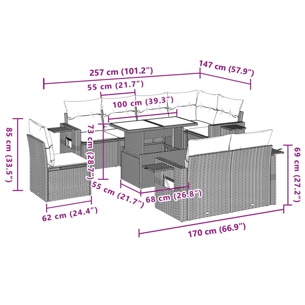 9 pcs conjunto de sofás p/ jardim c/ almofadões vime PE preto