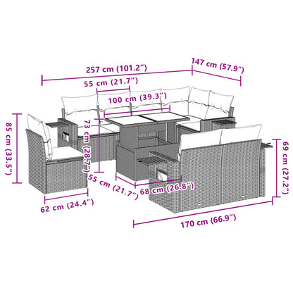 9 pcs conj. sofás jardim com almofadões vime PE cinzento-claro