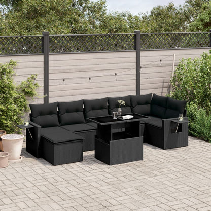 8 pcs conjunto sofás de jardim com almofadões vime PE preto