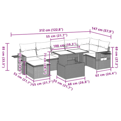 8 pcs conjunto sofás de jardim c/ almofadões vime PE cinzento