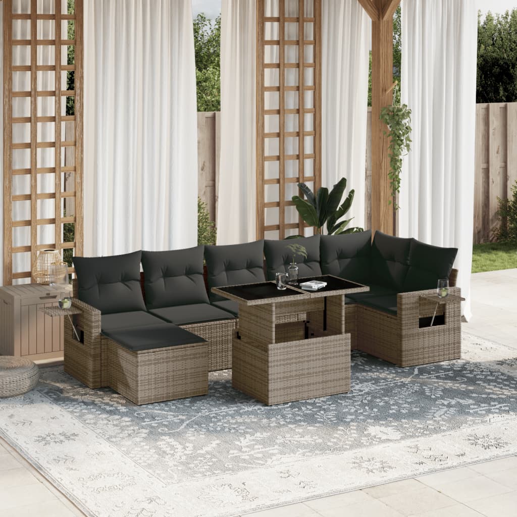 8 pcs conjunto sofás de jardim c/ almofadões vime PE cinzento