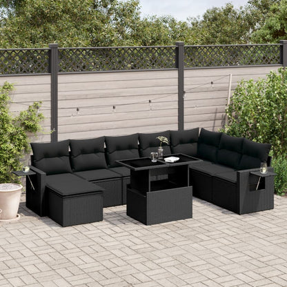 8 pcs conjunto sofás de jardim com almofadões vime PE preto