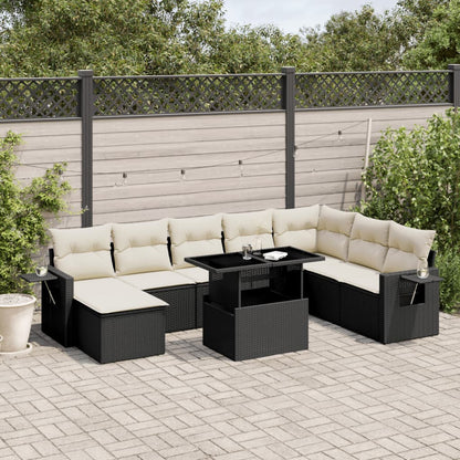 8 pcs conjunto sofás de jardim com almofadões vime PE preto