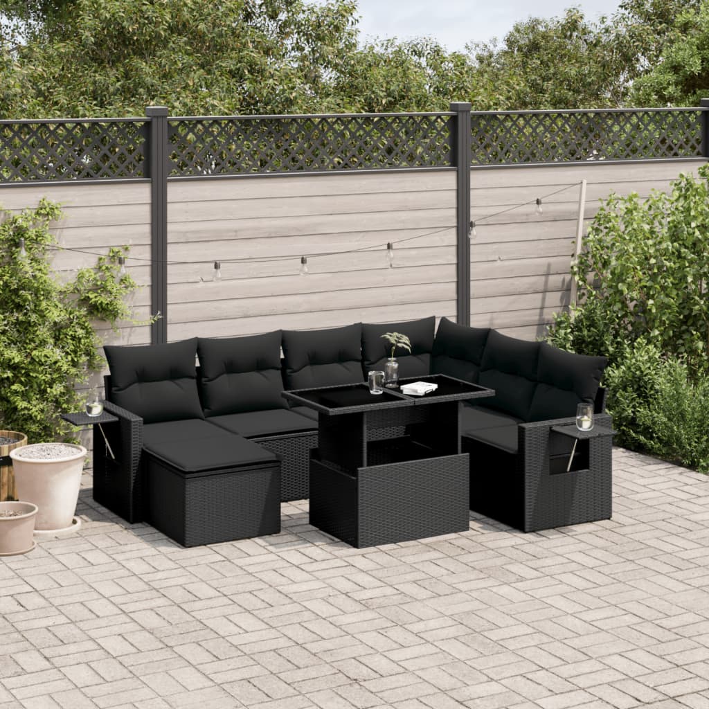 9 pcs conjunto de sofás p/ jardim c/ almofadões vime PE preto