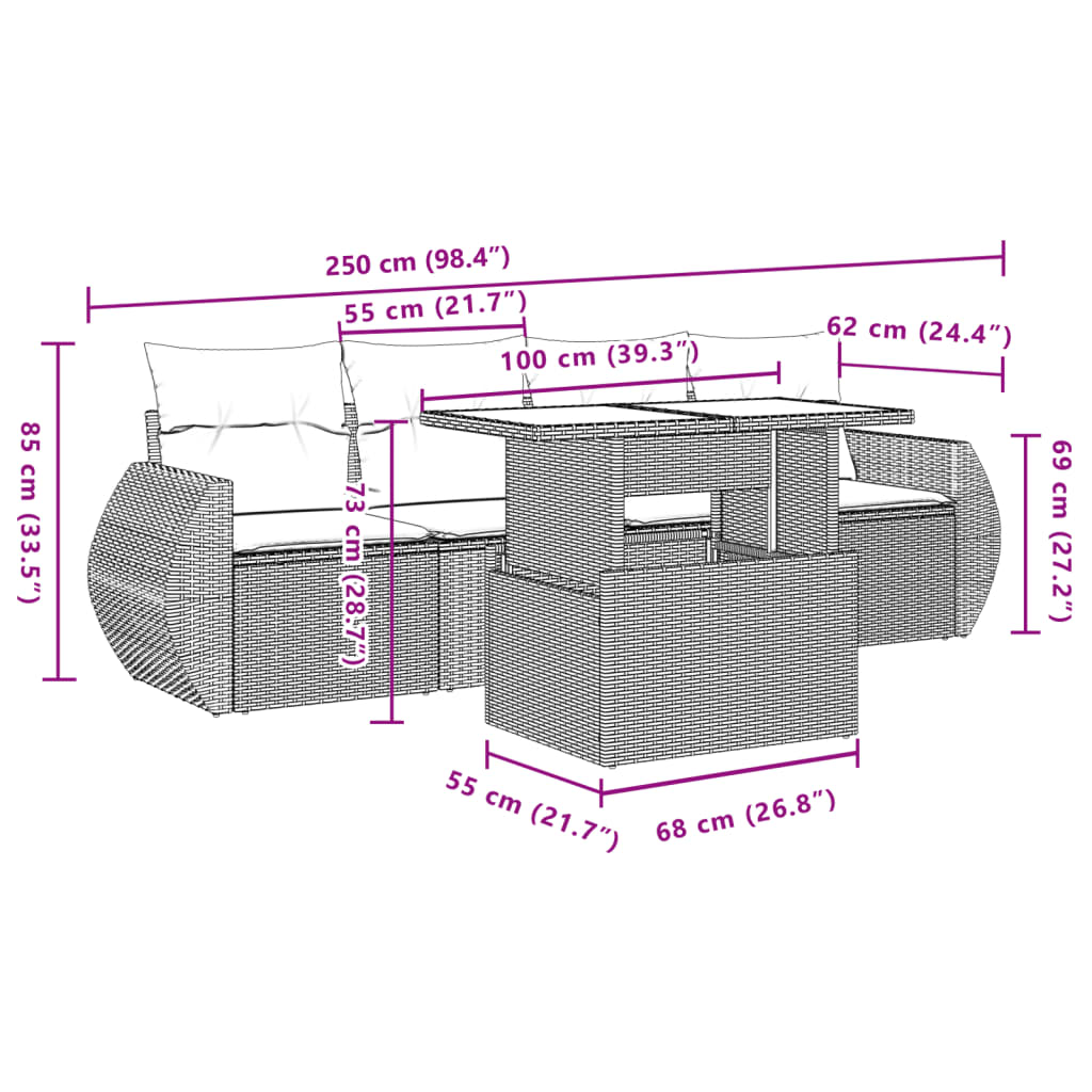 5 pcs conjunto sofás de jardim c/ almofadões vime PE cinzento