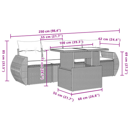 5 pcs conjunto sofás de jardim c/ almofadões vime PE cinzento