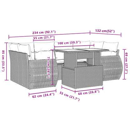 7 pcs conjunto de sofás p/ jardim c/ almofadões vime PE preto