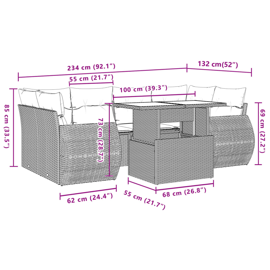 7 pcs conjunto de sofás p/ jardim com almofadões vime PE bege