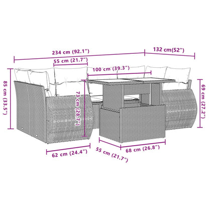 7 pcs conjunto sofás p/ jardim c/ almofadões vime PE cinzento