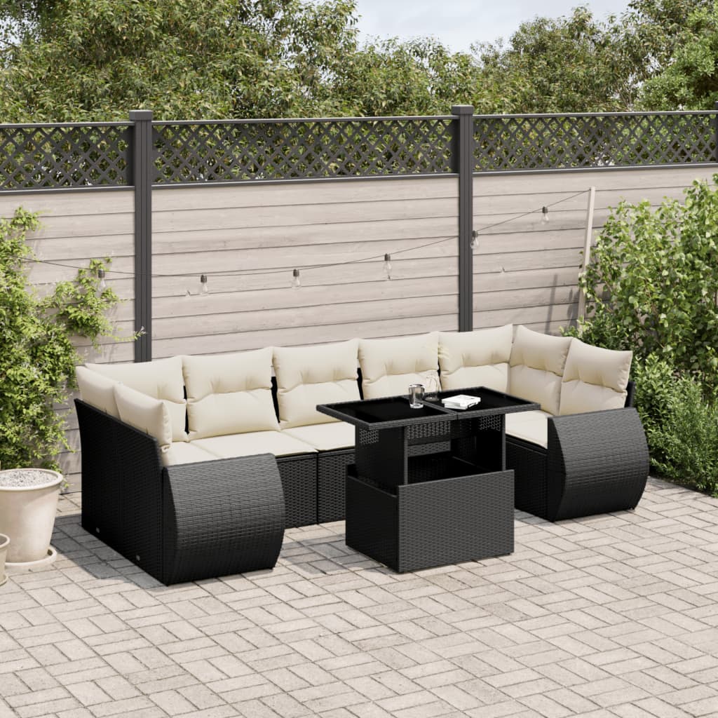 8 pcs conjunto sofás de jardim com almofadões vime PE preto