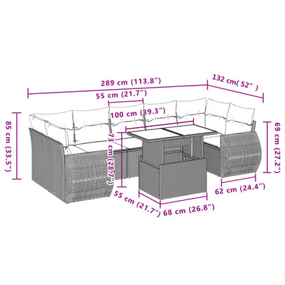 8 pcs conjunto sofás de jardim c/ almofadões vime PE cinzento