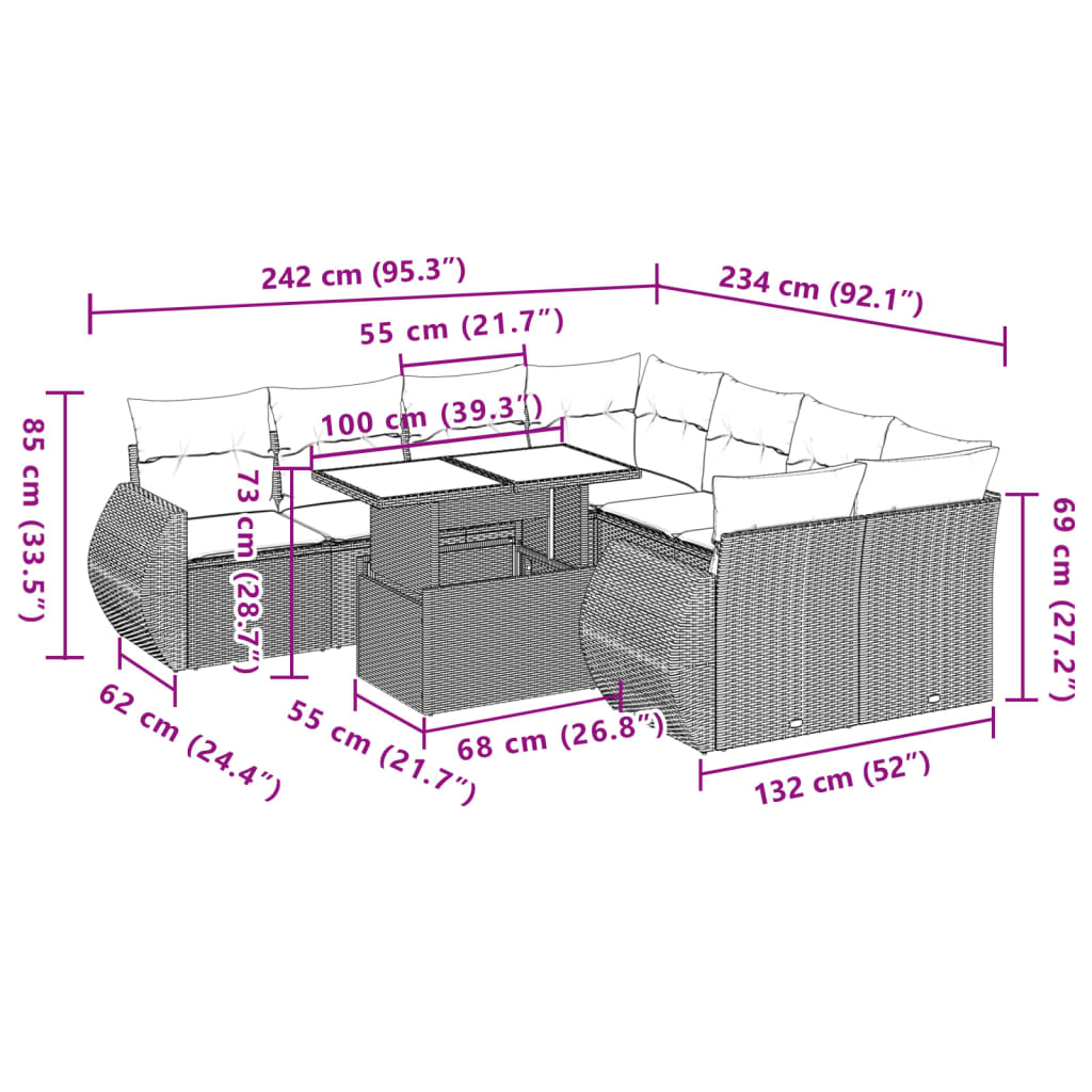 9 pcs conjunto de sofás p/ jardim c/ almofadões vime PE preto