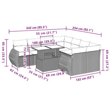 9 pcs conjunto de sofás p/ jardim com almofadões vime PE bege