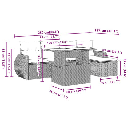 6 pcs conjunto sofás de jardim c/ almofadões vime PE preto