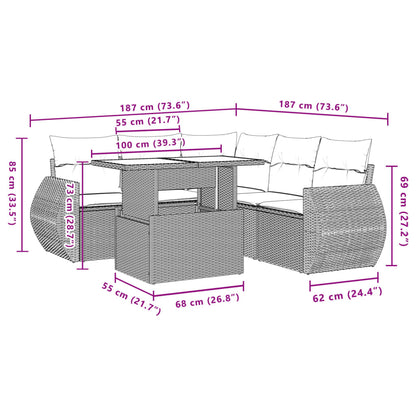 6 pcs conjunto sofás de jardim c/ almofadões vime PE preto