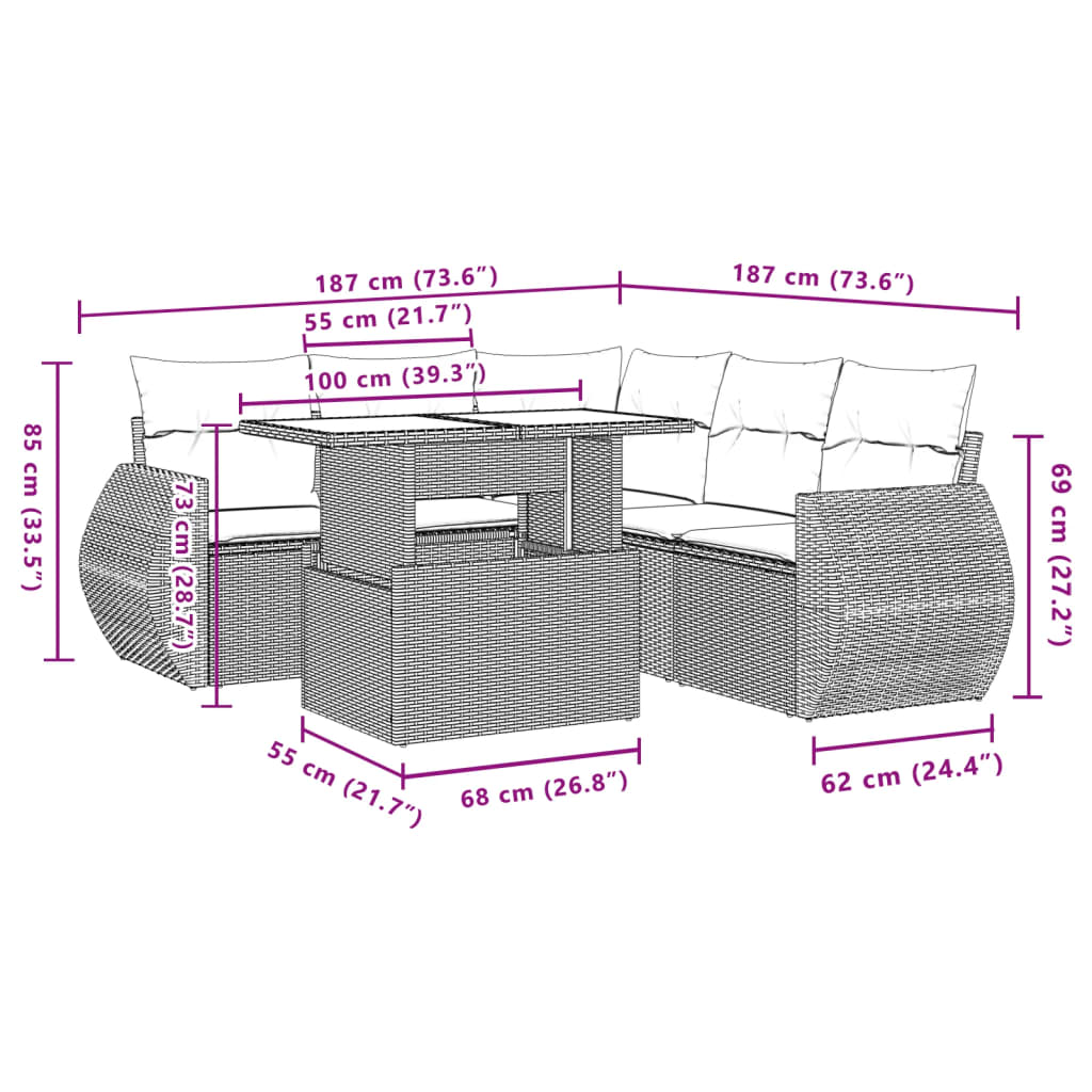 6 pcs conjunto sofás de jardim c/ almofadões vime PE preto