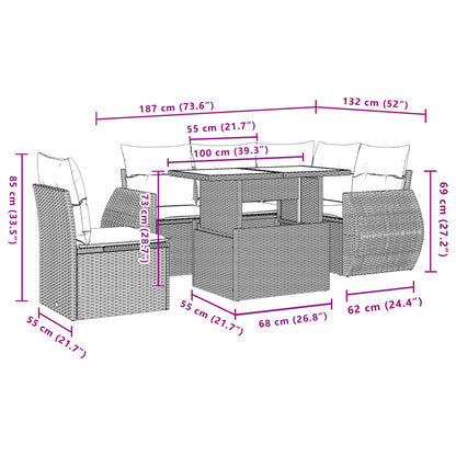 6 pcs conjunto de sofás p/ jardim com almofadões vime PE bege